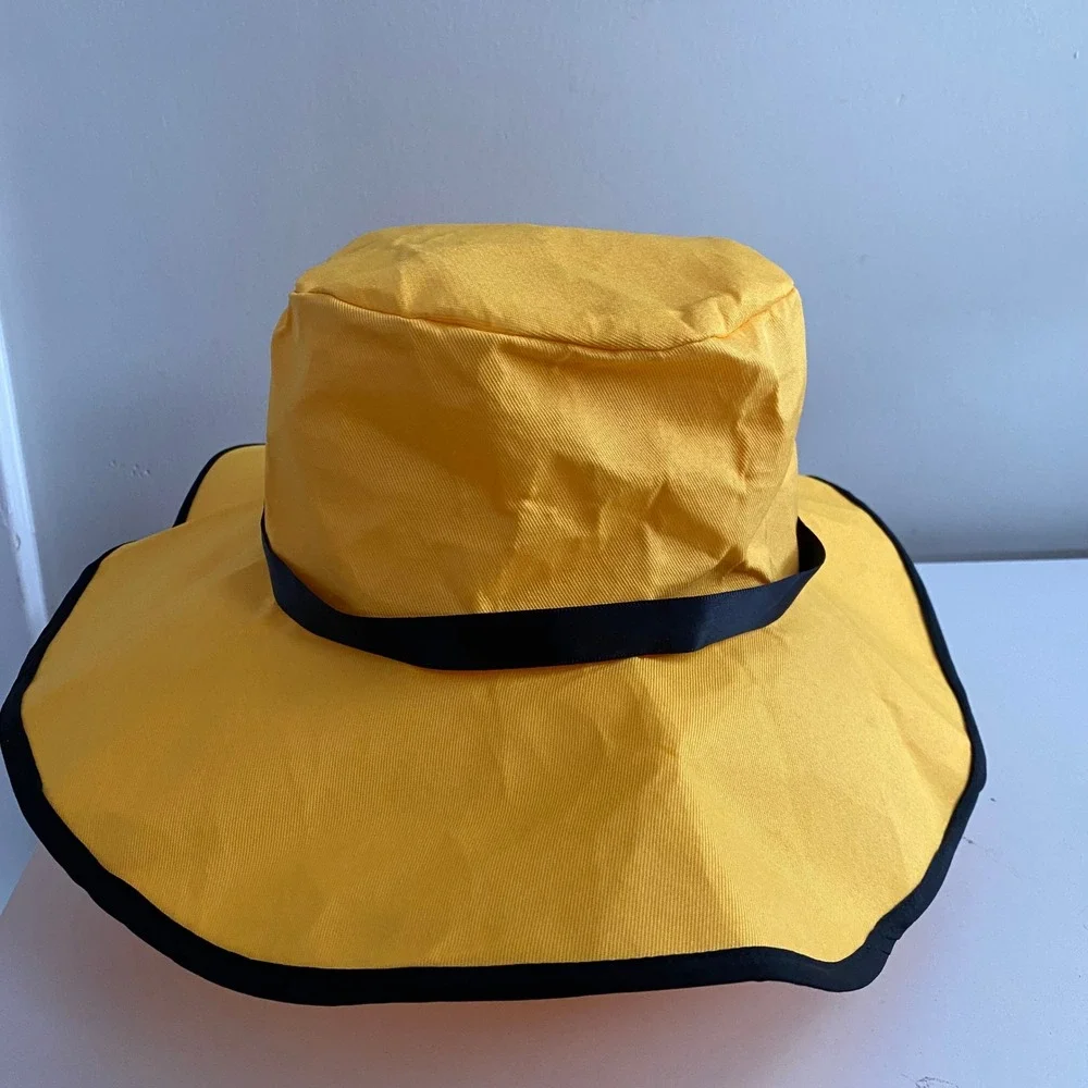 Sun Hat Womens OS Yellow Excellent Wide Brim Black Trim Beach Summer